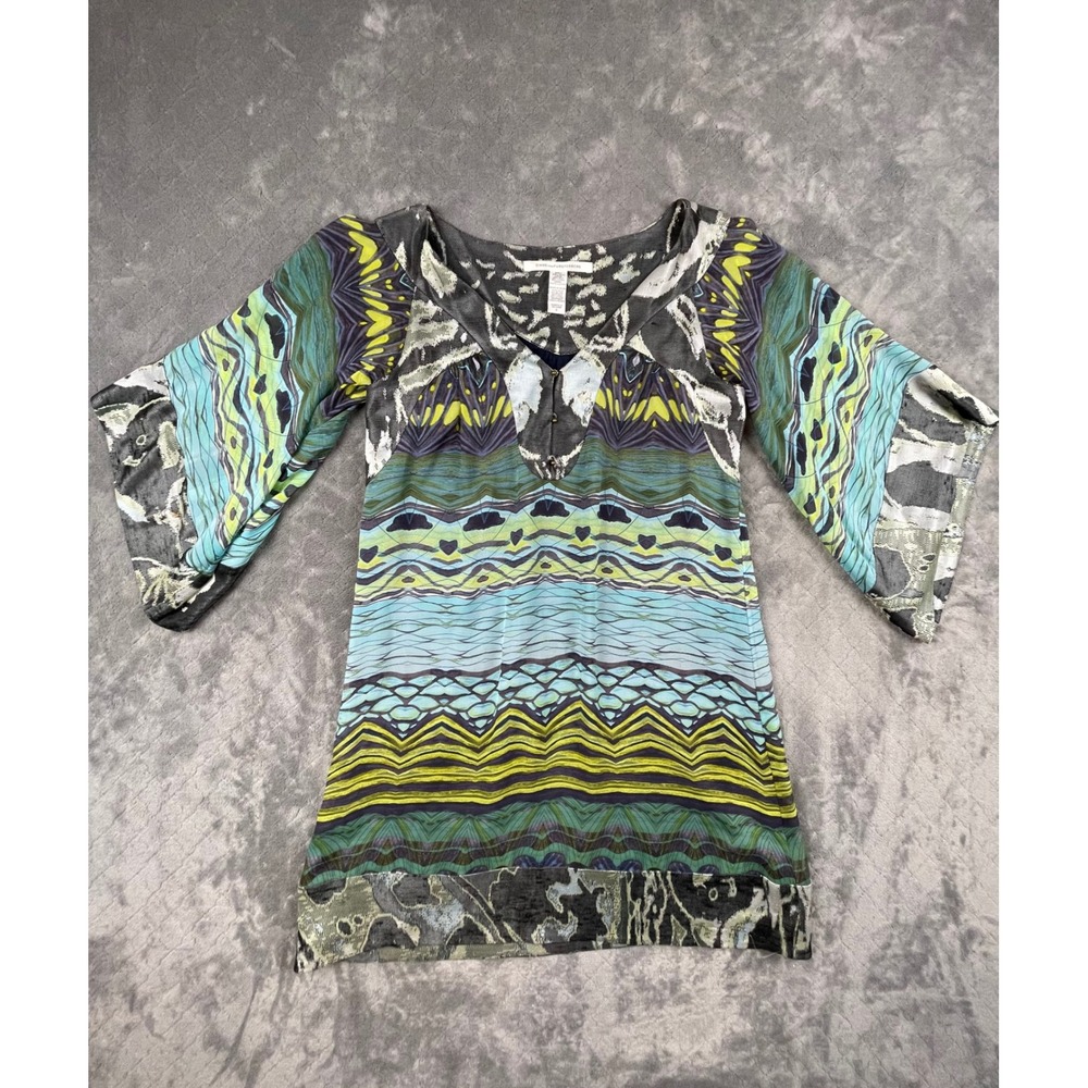 Diane von Furstenberg 100 Silk Tunic Top‎ Sz 2 V Neck Isat print Boho Tribal